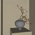 Textured Gray Vase with Branches Red Berries Green Leaves on Light Cube Stand