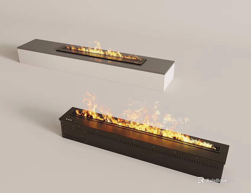 Modern Black And White Linear Fireplaces With Realistic Burning Flames 3d model