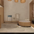 Hotel Guest Room With Round Wooden Bathtub Bamboo Pendant Lights Stone Wall And Wooden Stairs