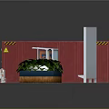 Outdoor Exhibition Scene Components Red Container White Display Board Green Plants And Bench