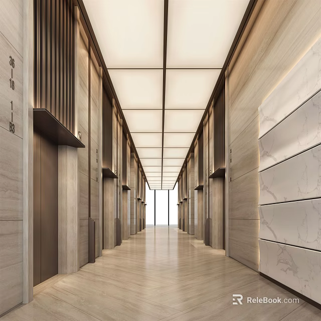Modern Elevator Corridor Interior Design With Wooden Panels Marble Walls And Ceiling Lighting 3d model