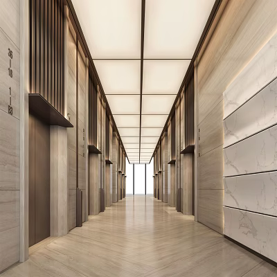 Modern Elevator Corridor Interior Design With Wooden Panels Marble Walls And Ceiling Lighting 3d model