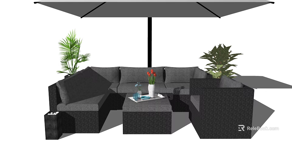 Outdoor Wicker Sofa Setup With Coffee Table Umbrella And Green Plants 3d model