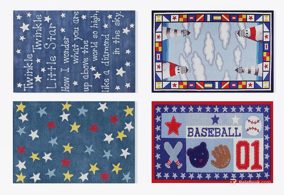 Square Rugs With Star Patterns Lighthouse Design And Baseball Theme For Kids 3d model 