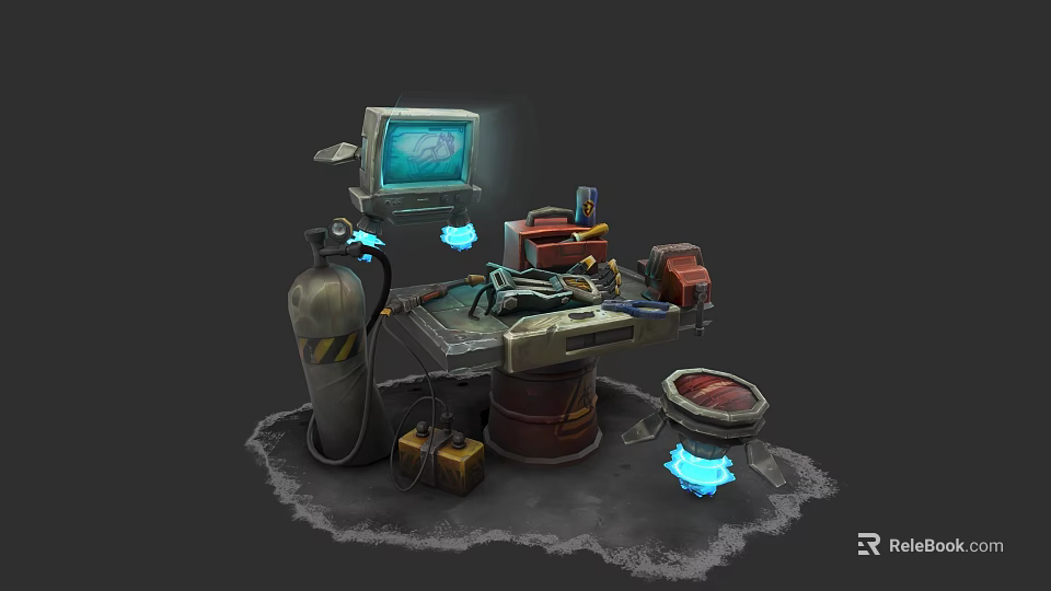 Electronic Equipment Workbench With Display Screen Gas Cylinder Toolbox And Blue Glowing Elements 3d model