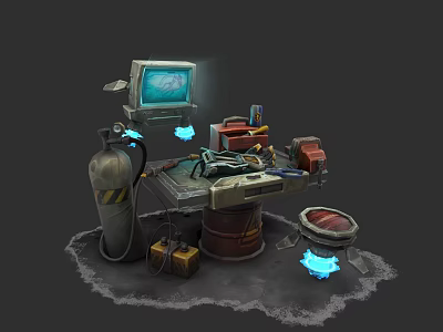 Electronic Equipment Workbench With Display Screen Gas Cylinder Toolbox And Blue Glowing Elements 3d model