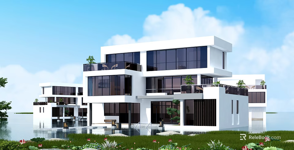 Modern White Detached Villa With Large Glass Windows Balconies Green Plants And Pool 3d model 
