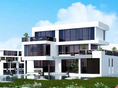Modern White Detached Villa With Large Glass Windows Balconies Green Plants And Pool 3d model