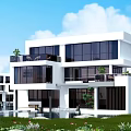 Modern White Detached Villa With Large Glass Windows Balconies Green Plants And Pool