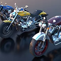 Three Stylish Custom Motorcycles in Blue Yellow and Red on Shiny Black Surface