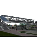 Modern Steel Structure Pedestrian Bridge with Vehicles Below Green Surroundings and Blue Sky