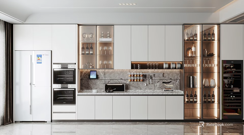 Modern Kitchen With White Cabinets Glass Door Design Marble Countertop And Built-in Appliances 3d model 