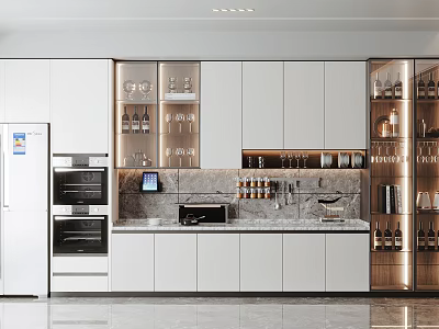 Modern Kitchen With White Cabinets Glass Door Design Marble Countertop And Built-in Appliances 3d model