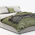 Modern Beige Upholstered Double Bed With Green Pillows And Gray Blanket 3d model