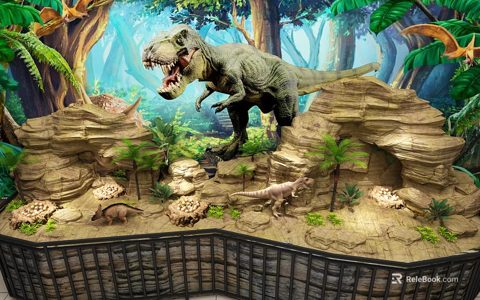 Reptile Exhibition Featuring Tyrannosaurus Rex Models In Jungle Environment With Rocks And Plants 3d model 