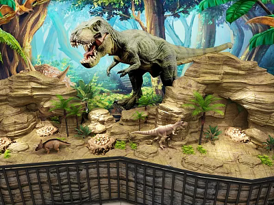 Reptile Exhibition Featuring Tyrannosaurus Rex Models In Jungle Environment With Rocks And Plants 3d model