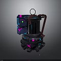 Futuristic Mechanical Weapon with Neon Blue Pink Lights Black Body Red Handle and Base Structure