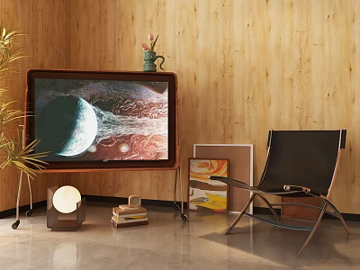 Wooden Display Shelf Cabinet In Modern Living Room With Decorative Vase Books Artwork And Armchair 3d model