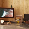 Wooden Display Shelf Cabinet In Modern Living Room With Decorative Vase Books Artwork And Armchair