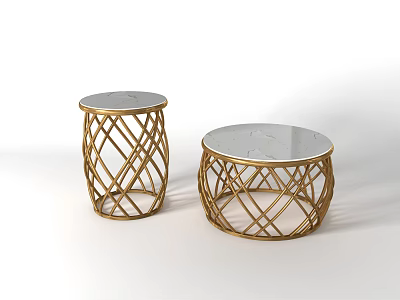Set of Two Round Side Tables With Golden Woven Frame And Marble Tabletop 3d model