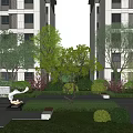 Lush Green Shrubs Enhancing Modern Residential Garden With Lawn Bench and Sculpture