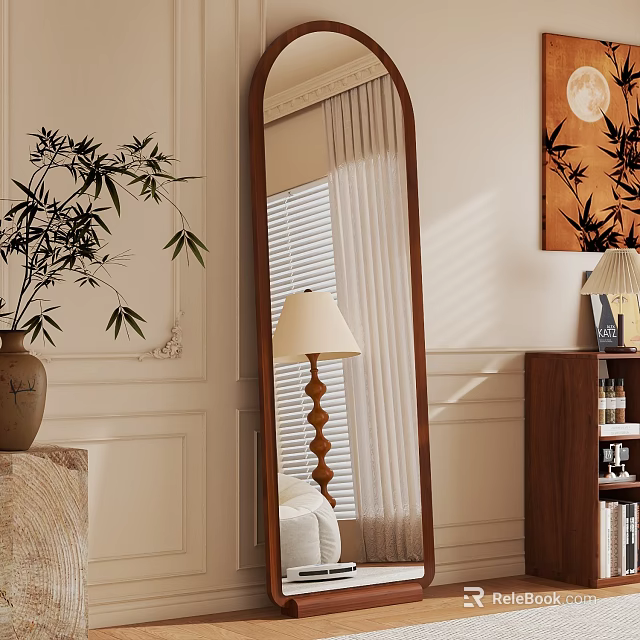 Full Length Wooden Frame Mirror With Bamboo Plant And Table Lamp In White Wall Room 3d model 