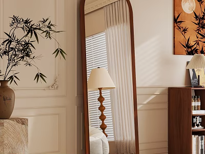 Full Length Wooden Frame Mirror With Bamboo Plant And Table Lamp In White Wall Room 3d model