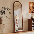 Full Length Wooden Frame Mirror With Bamboo Plant And Table Lamp In White Wall Room