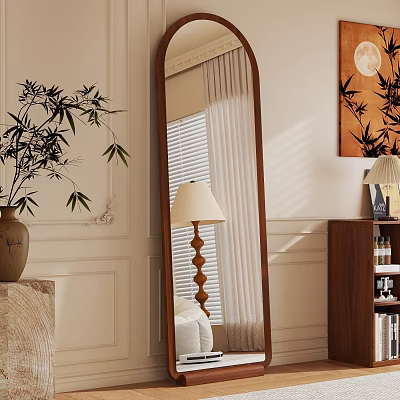 Full Length Wooden Frame Mirror With Bamboo Plant And Table Lamp In White Wall Room 3d model