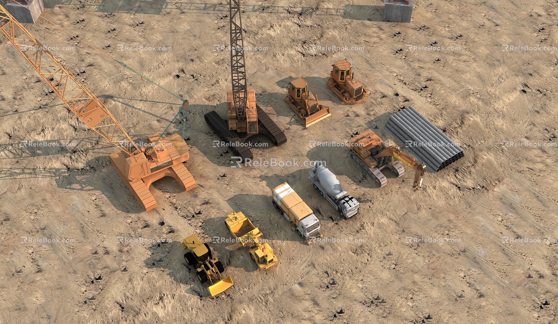 Site excavator tower crane trolley sweeper bulldozer cement mixer site engineering truck steel bar 3d model