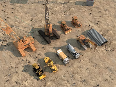 Heavy Duty Utility Vehicles At Construction Site With Crane Truck Mixer And Loader 3d model
