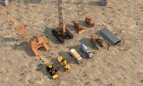 Site excavator tower crane trolley sweeper bulldozer cement mixer site engineering truck steel bar 3d model