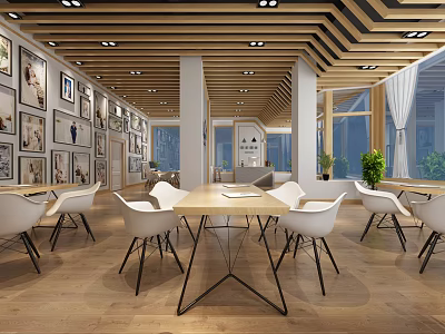 Bridal Shop Interior Design With Photo Frames Wooden Ceiling Tables Chairs And Green Plants 3d model