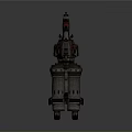 Vintage Industrial 3D Weapon with Multiple Cylindrical Barrels Metal Parts Red Accents and Mechanical Details