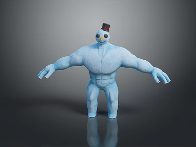 Blue Muscular Fantasy Creature Character With Small Top Hat And White Face Features 3d model