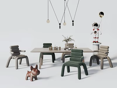 Modern Dining Table Set With Colorful Chairs Hanging Lights And Decorative Figurines 3d model