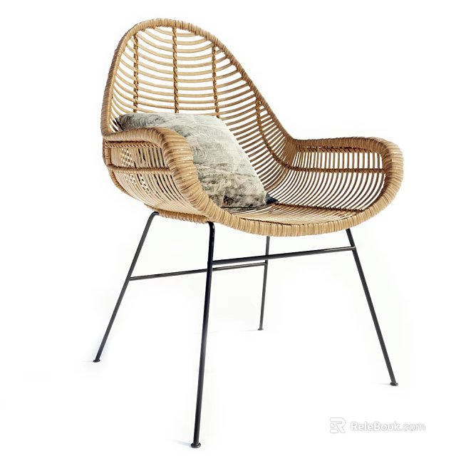 Rattan Leisure Chair With Cozy Cushion And Black Metal Legs In Modern Style 3d model 