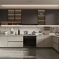 Modern Kitchen Interior With Gray Cabinets White Countertops Glass Door Storage And Appliances