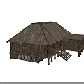 Traditional Ancient Wooden Building With Thatched Roof Stilts And Interior Wooden Structure