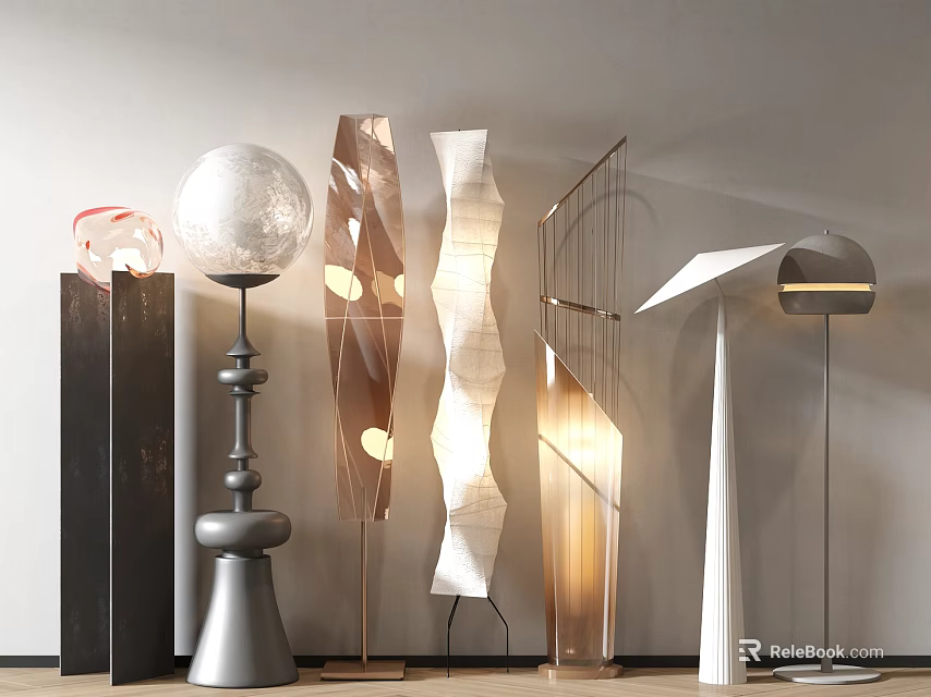 Modern Floor Lamps with Various Designs Shapes and Materials in Grey Wall Wooden Floor 3d model 
