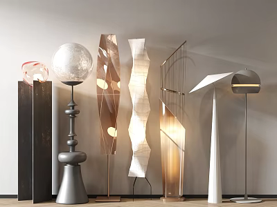 Modern Floor Lamps with Various Designs Shapes and Materials in Grey Wall Wooden Floor 3d model