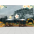 Vibrant Floral Art Scene With Colorful Flower Arrangements Outdoor Tables And City Skyline