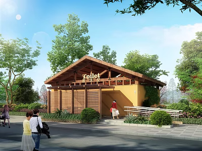 Outdoor Public Toilet With Wooden Style And Greenery 3d model