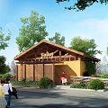 Outdoor Public Toilet With Wooden Style And Greenery
