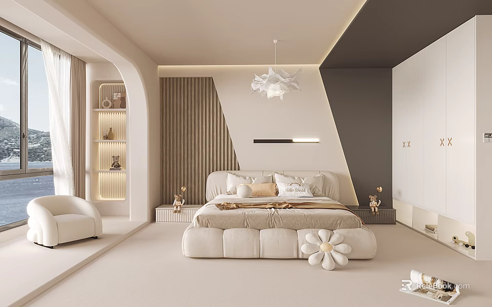 Modern Cozy Bedroom Interior Design With Soft Bed And Geometric Wall Decor 3d model
