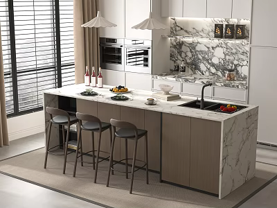 Modern Kitchen Interior With Marble Island Counter And Bar Stools And Cabinets 3d model