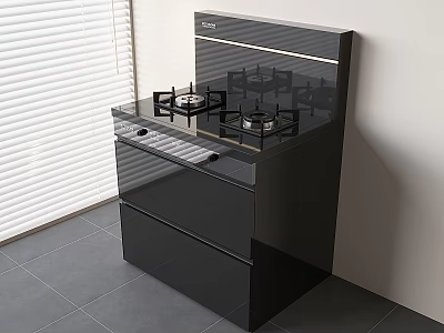 Modern Black Kitchen Gas Stove Appliance With Window Blind And Gray Tile Floor 3d model