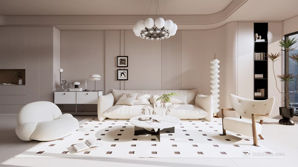 Modern Living Room Interior With White Sofa Round Chandelier And Geometric Pattern Floor Tiles 3d model 