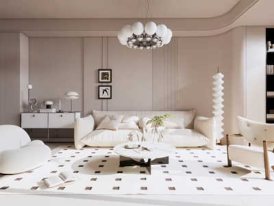 Modern Living Room Interior With White Sofa Round Chandelier And Geometric Pattern Floor Tiles 3d model