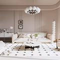 Modern Living Room Interior With White Sofa Round Chandelier And Geometric Pattern Floor Tiles